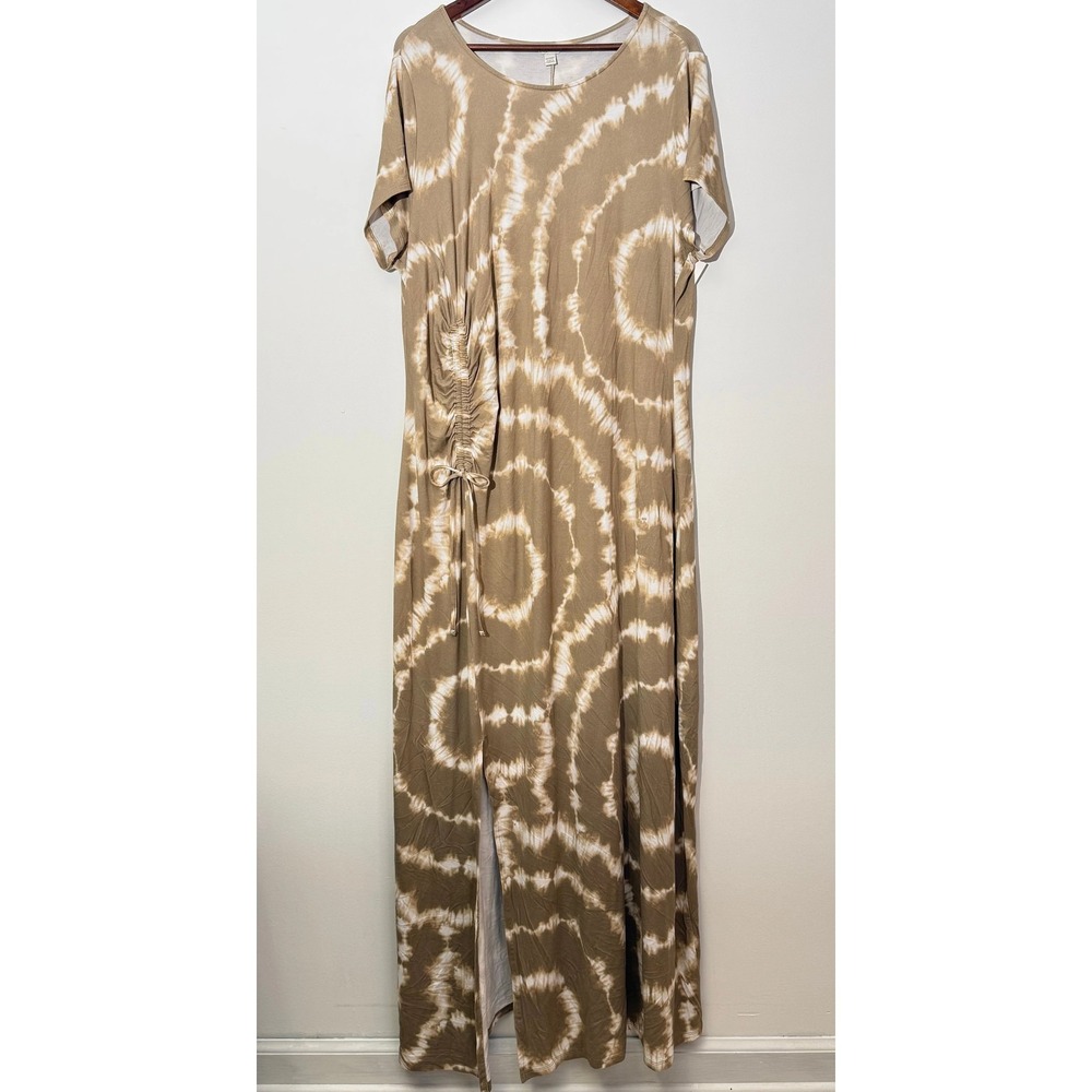 Cato Tan and White Tie Dye Short Sleeve Ruched Maxi Dress Relaxed Fit Size 18/20